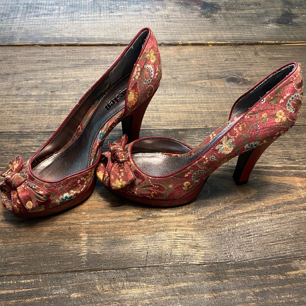 Red floral print peep toe heels
